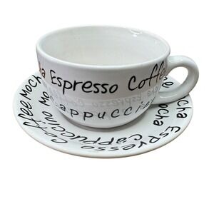 White Ceramic Espresso Cup and Saucer Set Coffee Mocha Cappuccino Script Design